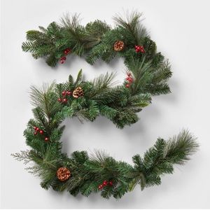 Unlit Mixed Greenery w/ Pinecones & Red Berries Artificial 6’ Garland
